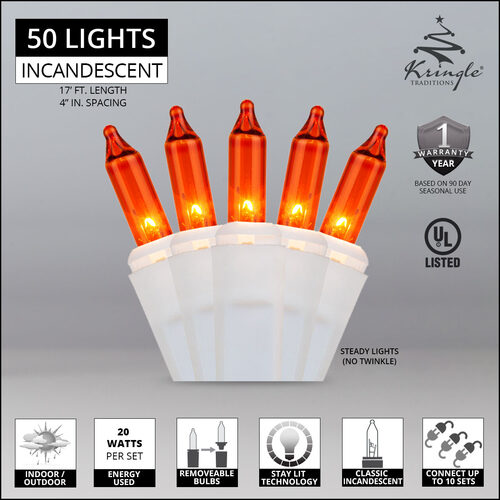 50 Amber / Orange Mini Lights, White Wire, 4" Spacing
