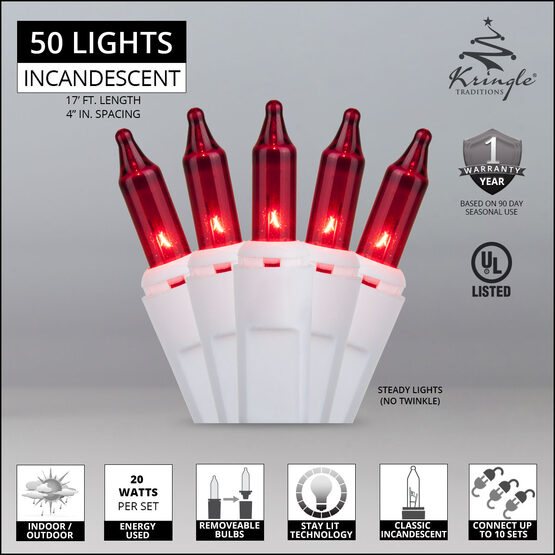 50 Red Mini Lights, White Wire, 4" SpacingWintergreen Corporation