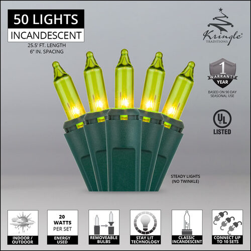 50 Chartreuse Mini Lights, Green Wire, 6" Spacing