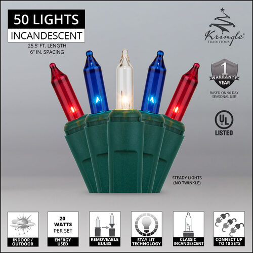 50 Red, White and Blue Mini Lights, Green Wire, 6" Spacing