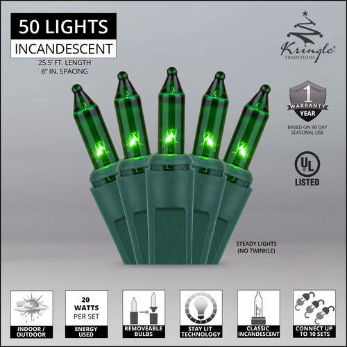 50 Green Mini Lights, Green Wire, 6" Spacing