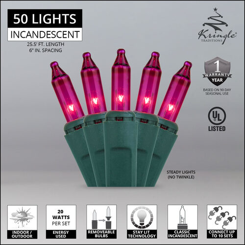 50 Pink Mini Lights, Green Wire, 6" Spacing