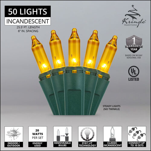 50 Gold Mini Lights, Green Wire, 6" Spacing