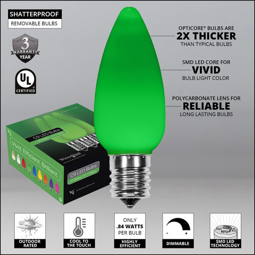 C9 Green Smooth OptiCore Commercial LED Christmas Lights, 25 Lights, 25'