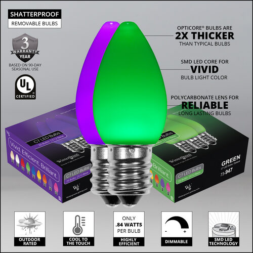 C7 Green / Purple Smooth OptiCore Commercial LED Halloween Lights, 50 Lights, 50'