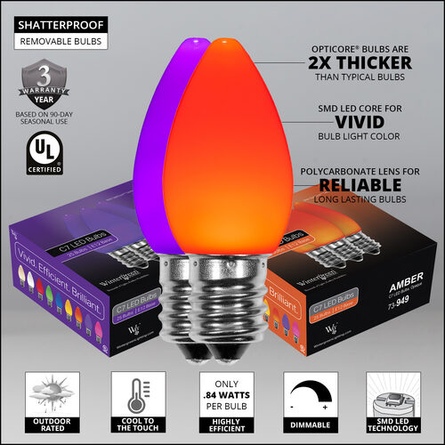 C7 Amber / Purple Smooth OptiCore Commercial LED Halloween Lights, 100 Lights, 100'