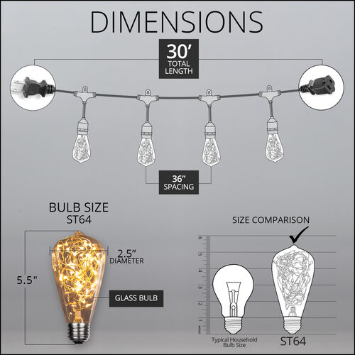 30' Warm White LEDimagine TM Patio String Light Set with 10 ST64 Fairy Light Bulbs on Black Wire, with Drops