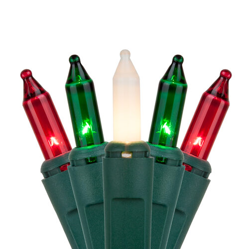 Commercial 100 Red, Green, White Frost Mini Lights, Lamp Lock, Green Wire, 6" Spacing