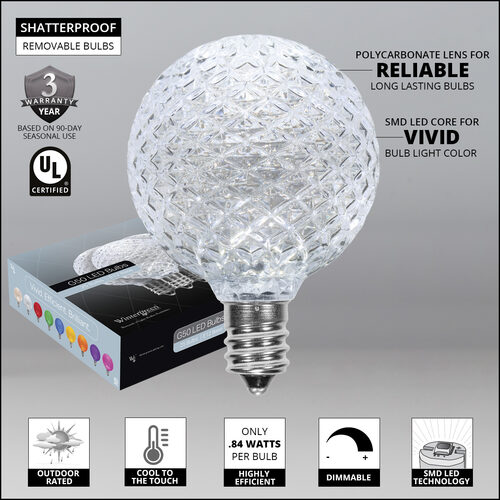 G50 Cool White OptiCore LED Globe Light Bulbs, E12 - Candelabra Base