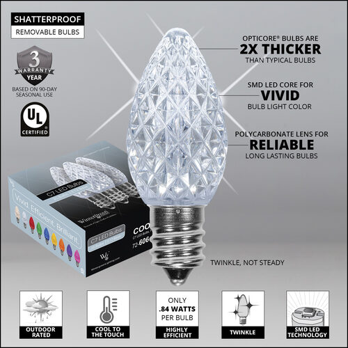 C7 Twinkle Cool White OptiCore LED Bulbs