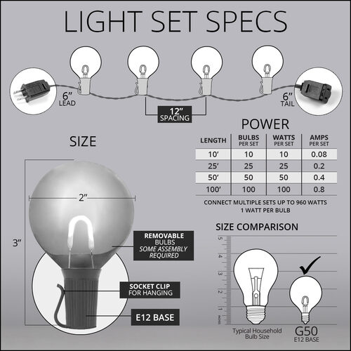 50' Warm White FlexFilament TM LED Patio String Light Set with 50 G50 Bulbs on Black Wire, E12 Base