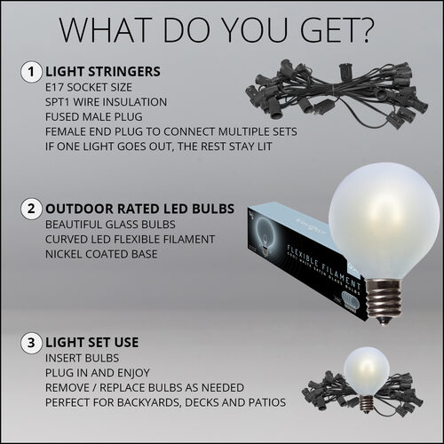 10' Cool White FlexFilament Satin LED Patio String Light Set with 10 G50 Bulbs on Black Wire, E17 Base