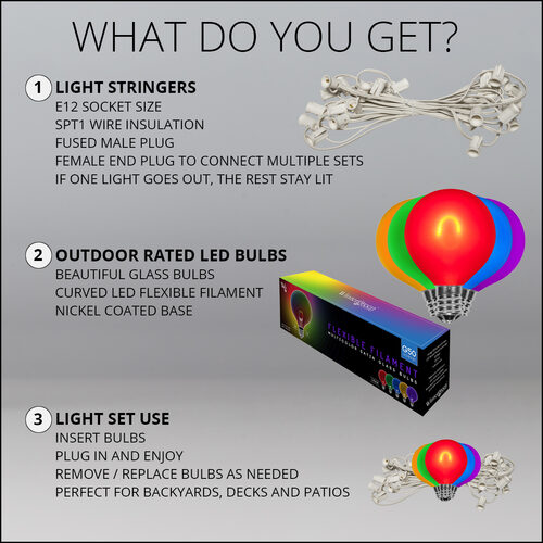 10' Multicolor FlexFilament TM Satin LED Patio String Light Set with 10 G50 Bulbs on White Wire, E12 Base