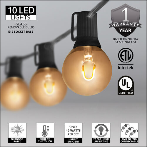 10' Warm White FlexFilament LED Patio String Light Set with 10 G50 Bulbs on Black Wire, E12 Base