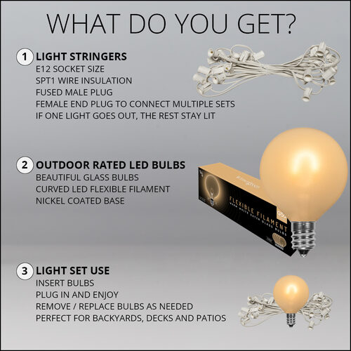 10' Warm White FlexFilament Satin LED Patio String Light Set with 10 G50 Bulbs on White Wire, E12 Base