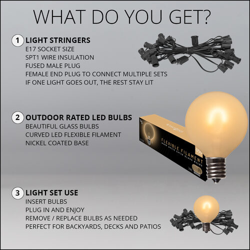 10' Warm White FlexFilament TM Satin LED Patio String Light Set with 10 G50 Bulbs on Black Wire, E17 Base