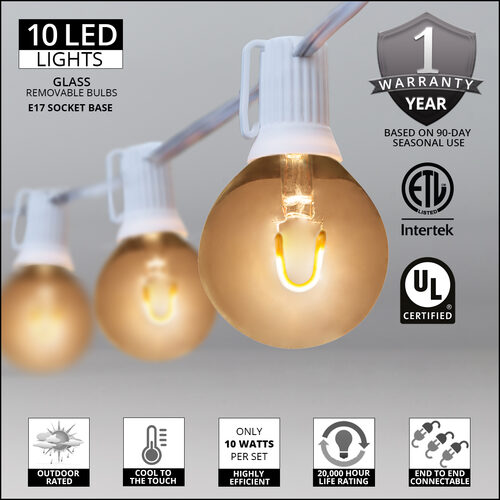 10' Warm White FlexFilament LED Patio String Light Set with 10 G50 Bulbs on White Wire, E17 Base