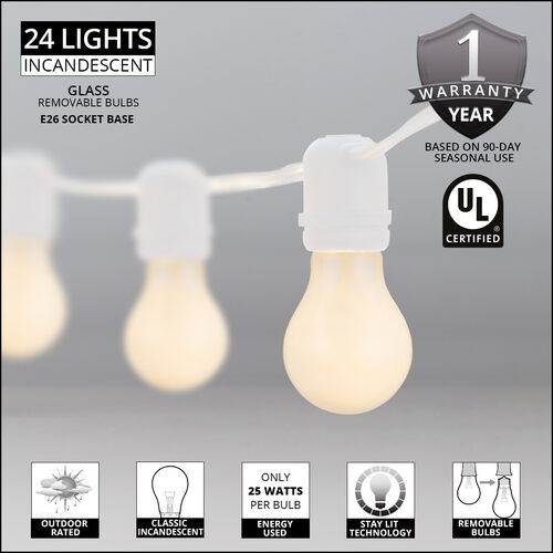 54' Commercial White Patio String Light Set with 24 A19 Bulbs on White Wire