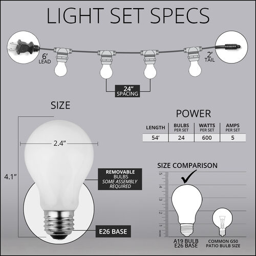 54' Commercial White Patio String Light Set with 24 A19 Bulbs on White Wire