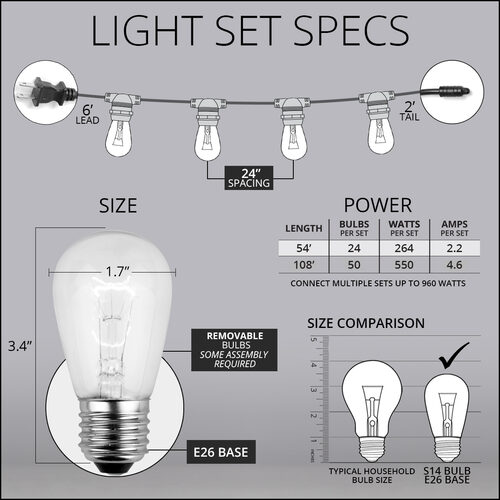 54' Commercial Clear Patio String Light Set with 24 S14 Bulbs on White Wire