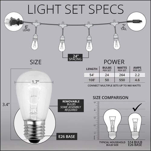 54' Clear Patio String Light Set with 24 S14 Bulbs on White Wire, with Drops