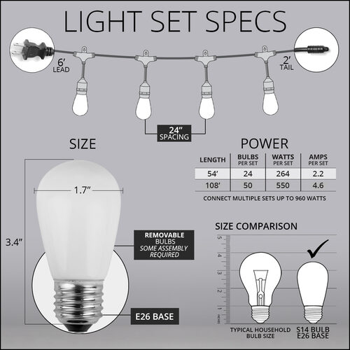 54' White Patio String Light Set with 24 S14 Bulbs on White Wire, with Drops