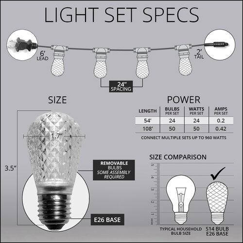 54' Commercial Cool White LED Patio String Light Set with 24 S14 Bulbs on White Wire
