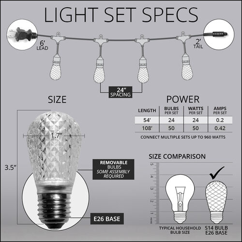 54' Commercial Warm White LED Patio String Light Set with 24 S14 Bulbs on Black Wire, with Drops