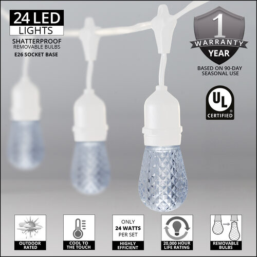 54' Commercial Cool White LED Patio String Light Set with 24 S14 Bulbs on White Wire, with Drops