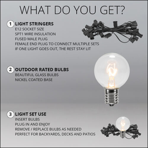 15' Clear Patio String Light Set with 15 G40 Bulbs on Black Wire