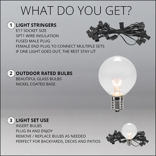 15' Clear Patio String Light Set with 15 G50 Bulbs on Black Wire, E17 Base