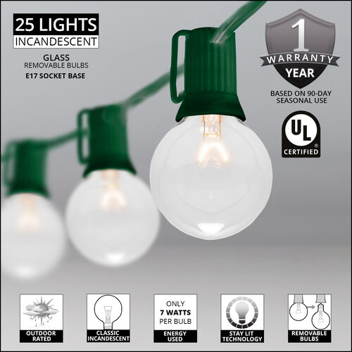 25' Commercial Clear Patio String Light Set with 25 G50 Bulbs on Green Wire, E17 Base