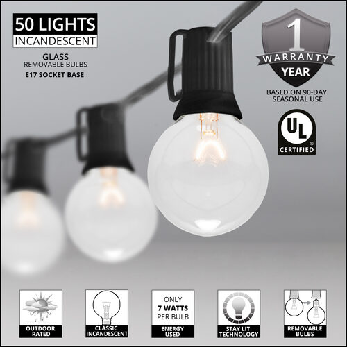 100' Clear Patio String Light Set with 50 G50 Bulbs on Black Wire, E17 Base