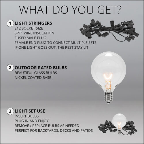 15' Clear Patio String Light Set with 15 G50 Bulbs on Black Wire, E12 Base