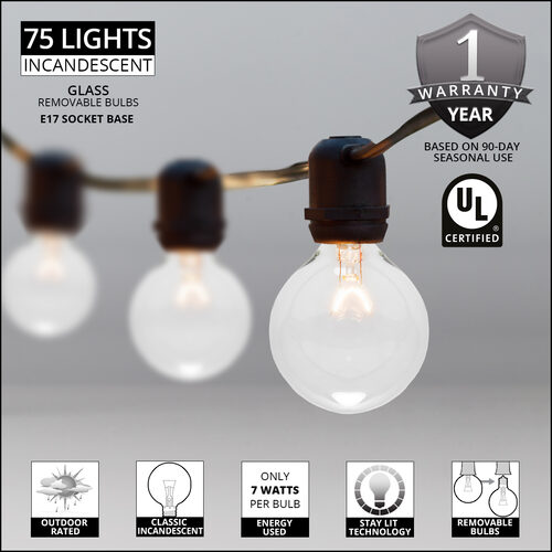 100' Commercial Clear Patio String Light Set with 75 G50 Bulbs on Black Wire, E17 Base