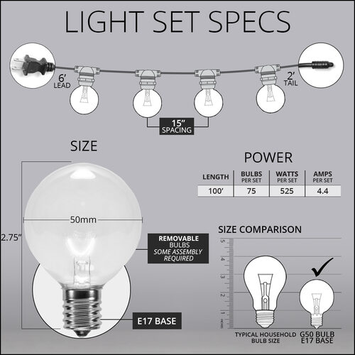 100' Commercial Clear Patio String Light Set with 75 G50 Bulbs on Black Wire, E17 Base