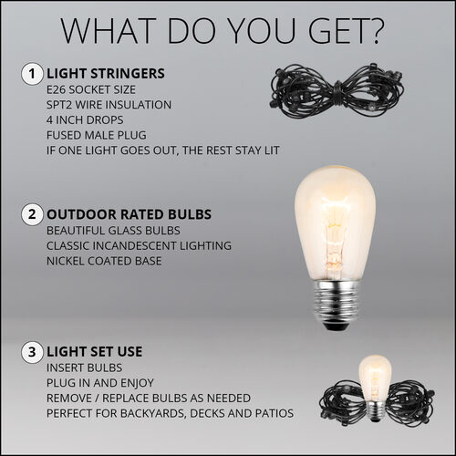 54' Commercial Clear Patio String Light Set with 24 S14 Bulbs on Black Wire, with Drops