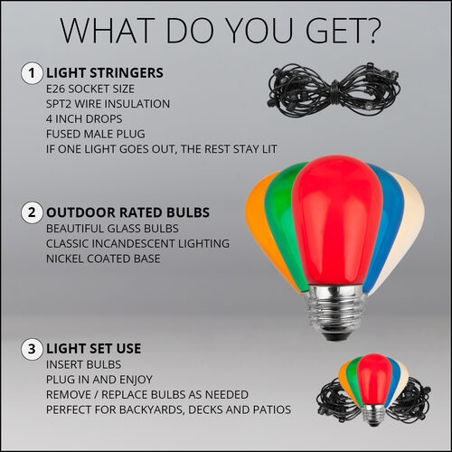54' Commercial Multicolor Patio String Light Set with 24 S14 Bulbs on Black Wire, with Drops