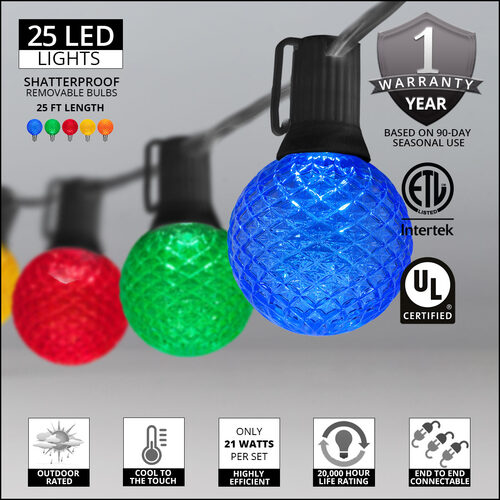 25' Multicolor OptiCore LED Patio String Light Set with 25 G50 Bulbs on Black Wire, E12 Base