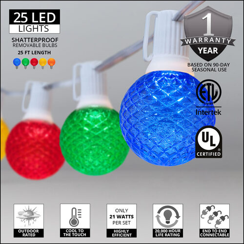 25' Multicolor OptiCore LED Patio String Light Set with 25 G50 Bulbs on White Wire, E17 Base