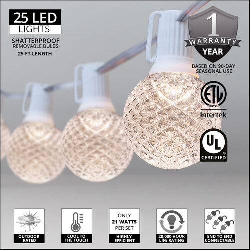 25' Warm White OptiCore LED Patio String Light Set with 25 G50 Bulbs on White Wire, E17 Base