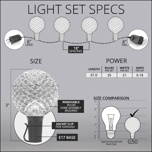 37' Warm White OptiCore LED Patio String Light Set with 25 G50 Bulbs on Black Wire, E17 Base