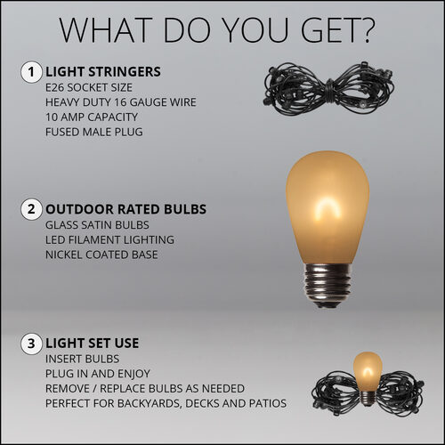 30' Warm White FlexFilament Satin LED Patio String Light Set with 10 S14 Bulbs on Black Wire