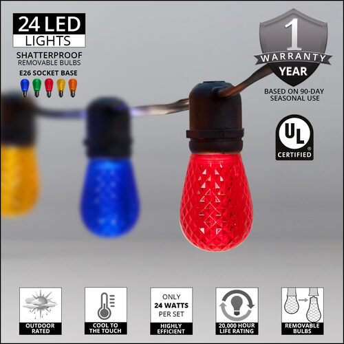 54' Commercial Multicolor LED Patio String Light Set with 24 S14 Bulbs on Black Wire