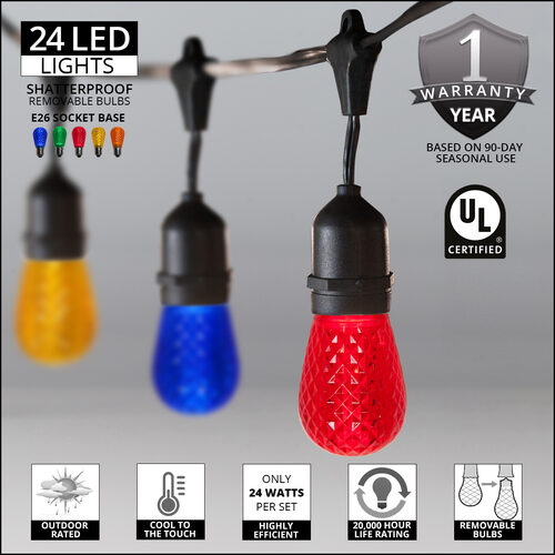 54' Commercial Multicolor LED Patio String Light Set with 24 S14 Bulbs on Black Wire, with Drops
