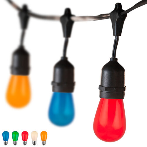 54' Commercial Multicolor Patio String Light Set with 24 S14 Bulbs on Black Wire, with Drops