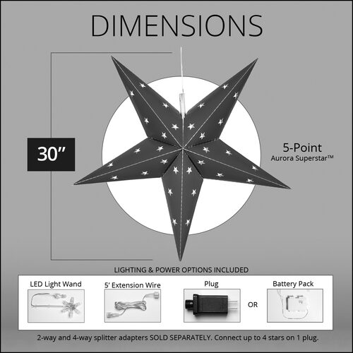 30" White Aurora Superstar TM 5 Point Star Light, Fold-Flat, LED Lights, Outdoor Rated