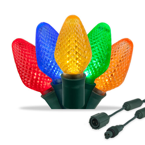 25 C7 Multi Color Commercial LED Lights, Green Wire, 12" Spacing