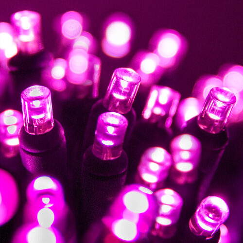 25 5mm Pink Commercial LED Lights, Green Wire, 4" Spacing